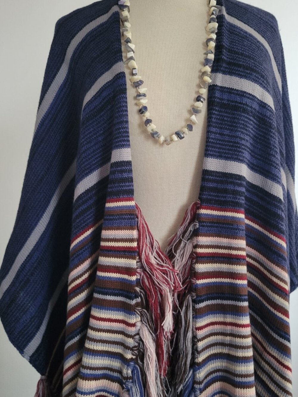 Modena Blue & Red Striped Knit Shawl Poncho | One Size | NWOT - Picture 11 of 16